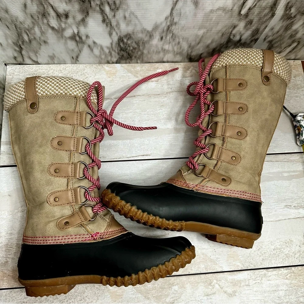 Espirit Women Sz 7 Pink Tan Belinda Muck Boots Farmcore Lace Up Tall Duck Shoes